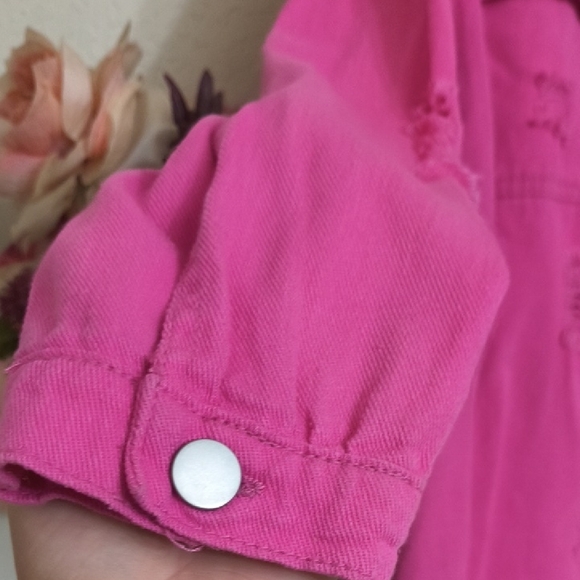 Pink Distressed Button-Up Shirt jacket Shacket Distressed Glam Pretty Y2k - Picture 4 of 10